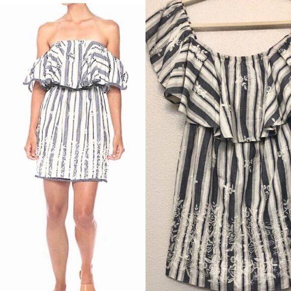 MISA Los Angeles Off Shoulder romantic embroidered stripe Cotton Dress coastal M - Picture 1 of 16